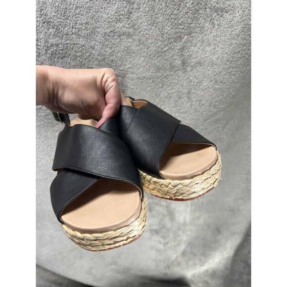 Clarks Women’s 11  Kimmei Wedge Sandal Black Leather Cross Wide Strap Slingback - Picture 5 of 11